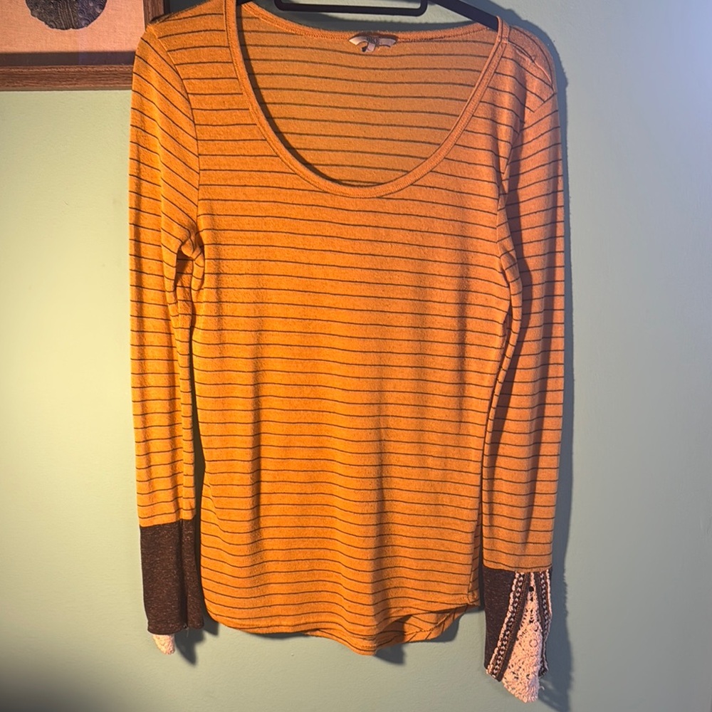 2/$10 BKE Striped Mustard and Brown Long Sleeve Top